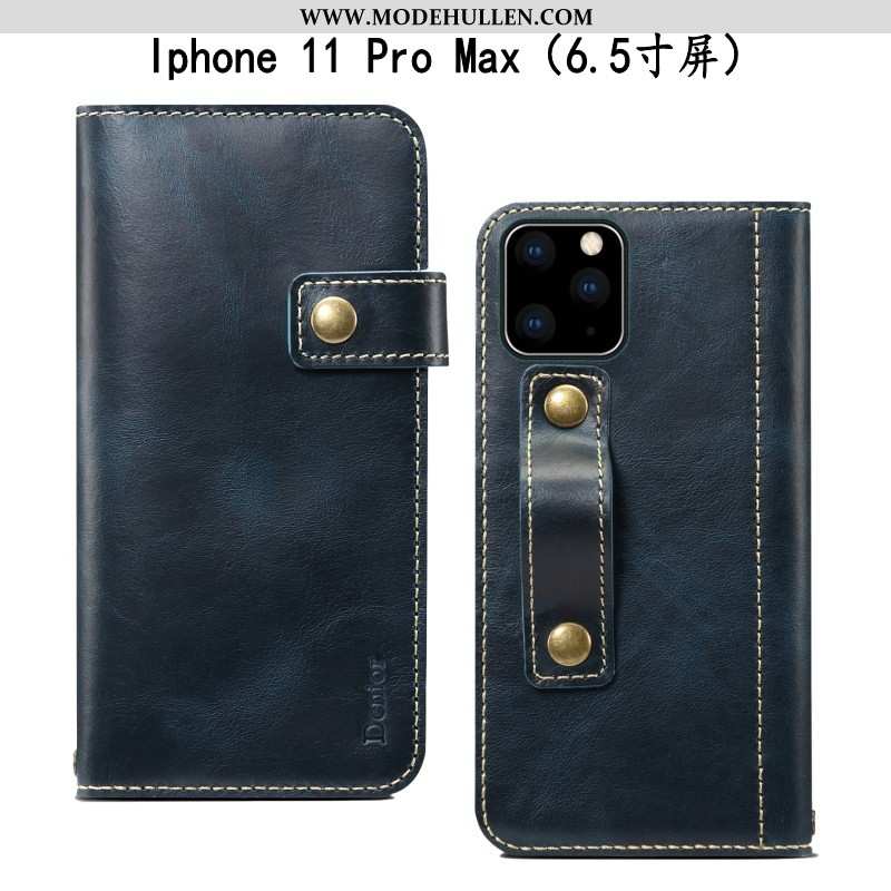 Hülle iPhone 11 Pro Max Schutz Lederhülle Anti-sturz Kuh Weiche Handy Leder Dunkelblau