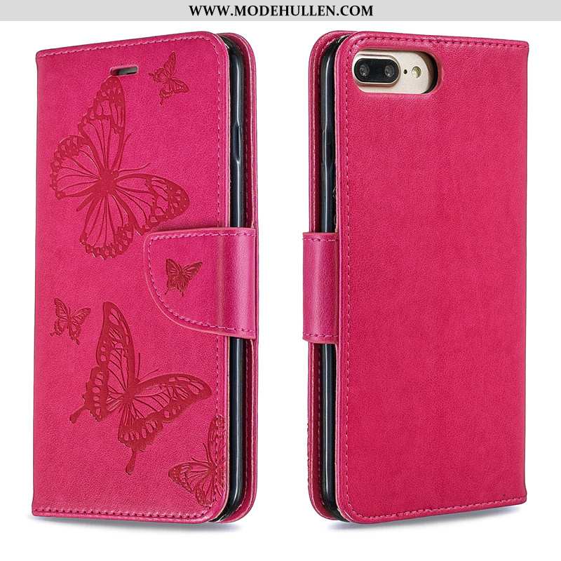 Hülle iPhone 7 Plus Lederhülle Hängende Verzierungen Rot Handy Schmetterling Leder Rosa
