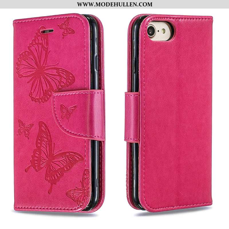 Hülle iPhone 7 Prägung Leder Schutzhülle Hängende Verzierungen Rot Folio Case Rosa