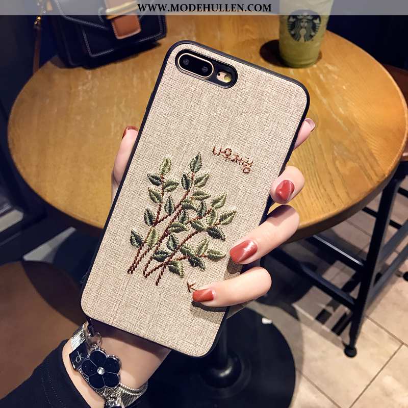 Hülle iPhone 8 Plus Kreativ Stickerei Anti-sturz Hängende Verzierungen Handy Case Beige