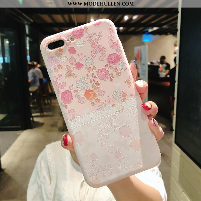 Hülle iPhone 8 Plus Prägung Hängender Hals Blumen Silikon Rosa Mini