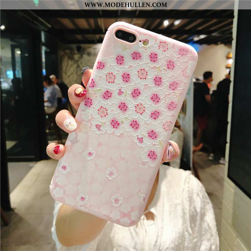 Hülle iPhone 8 Plus Prägung Hängender Hals Blumen Silikon Rosa Mini