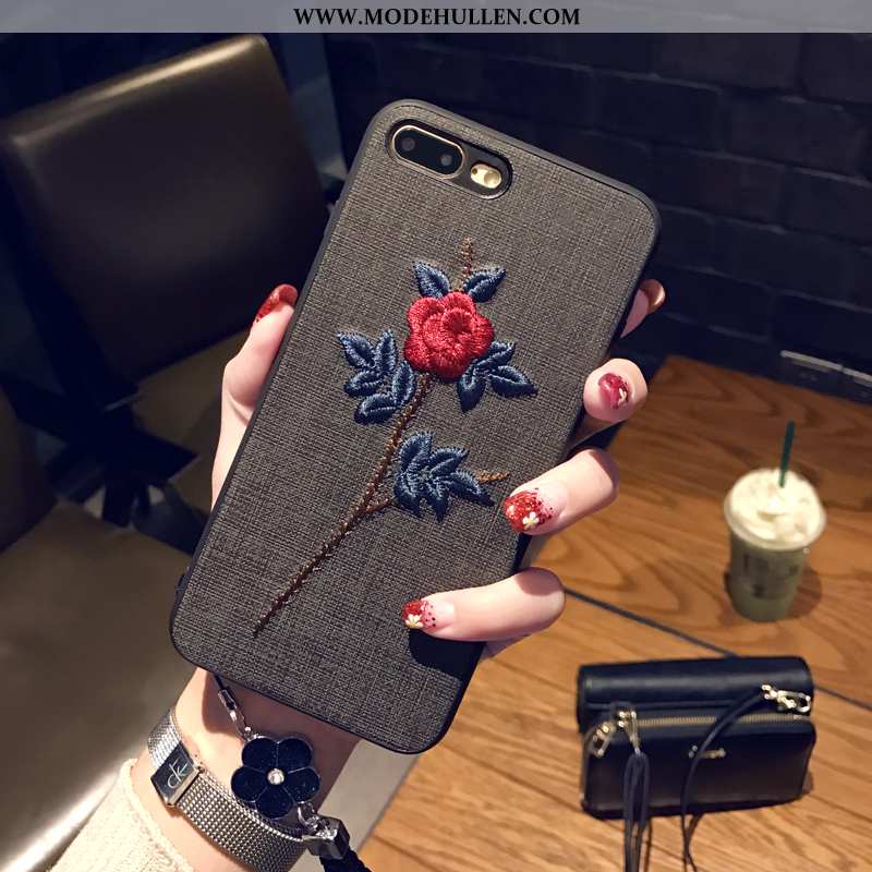 Hülle iPhone 8 Plus Weiche Stickerei Blumen Persönlichkeit Handy Case Schwarz