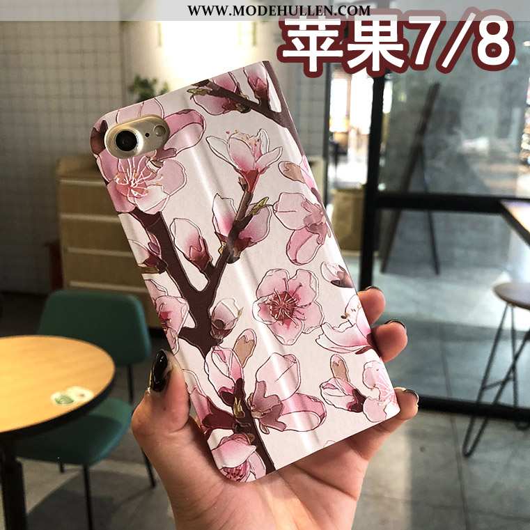 Hülle iPhone 8 Prägung Schutz Handy Case Blumen Folio Blau