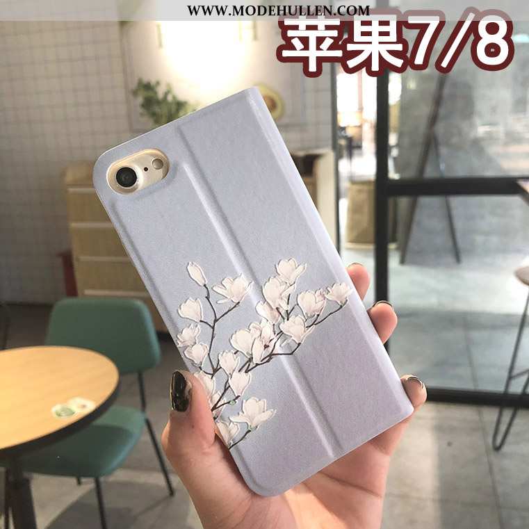 Hülle iPhone 8 Prägung Schutz Handy Case Blumen Folio Blau