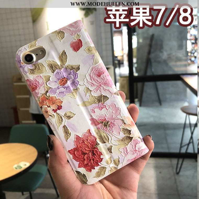 Hülle iPhone 8 Prägung Schutz Handy Case Blumen Folio Blau