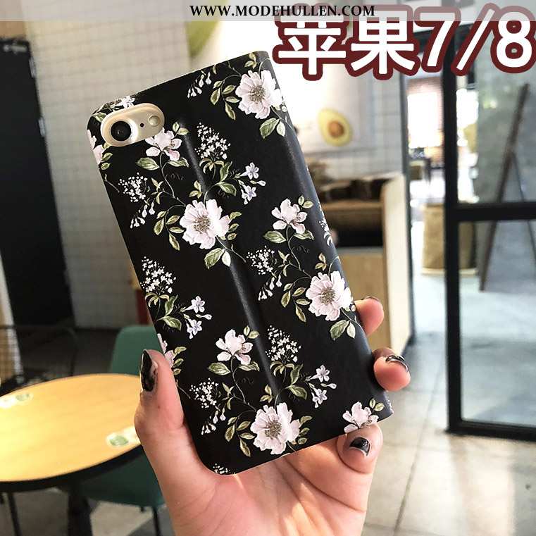 Hülle iPhone 8 Prägung Schutz Handy Case Blumen Folio Blau