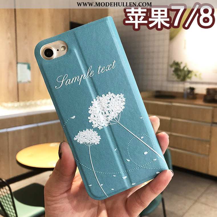 Hülle iPhone 8 Prägung Schutz Handy Case Blumen Folio Blau