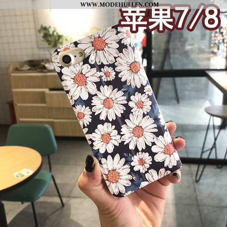 Hülle iPhone 8 Prägung Schutz Handy Case Blumen Folio Blau