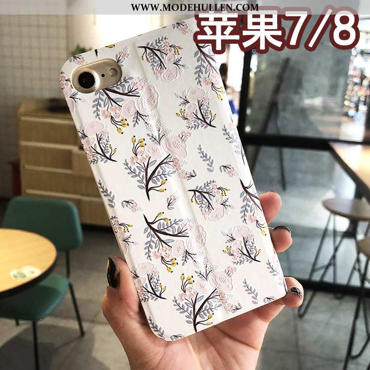 Hülle iPhone 8 Prägung Schutz Handy Case Blumen Folio Blau