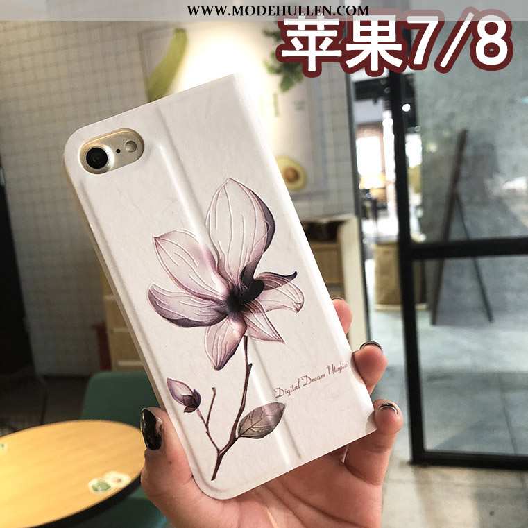 Hülle iPhone 8 Prägung Schutz Handy Case Blumen Folio Blau