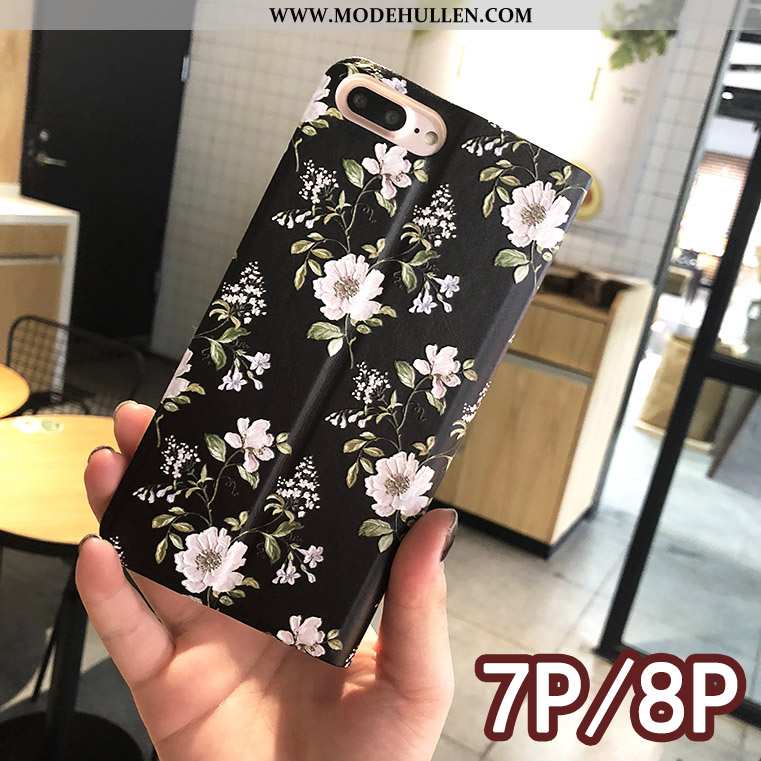 Hülle iPhone 8 Prägung Schutz Handy Case Blumen Folio Blau