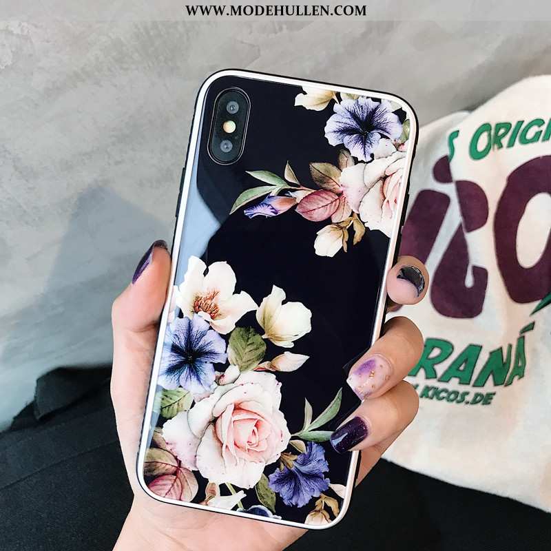 Hülle iPhone X Elegante Silikon Spiegel Chinesische Art Case Blumen Schwarz