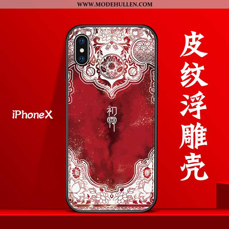 Hülle iPhone X Prägung Leder Rot Chinesische Art Muster Persönlichkeit Kreativ Rote