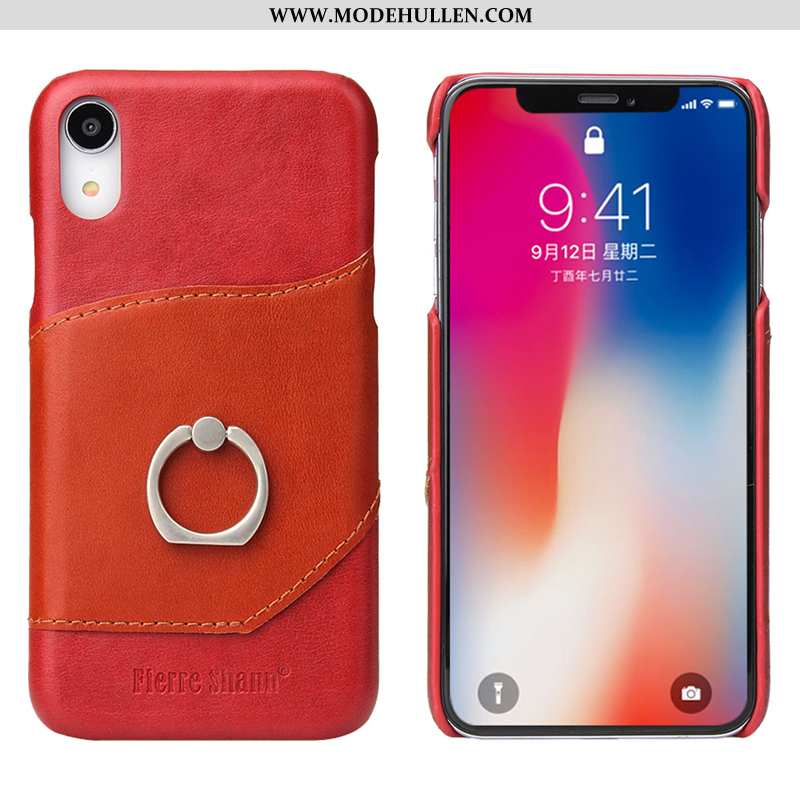 Hülle iPhone Xr Zubehör Schutz Rot Ring Halterung Schnalle Echt Leder Rote