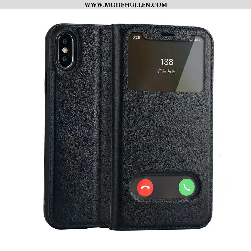 Hülle iPhone Xs Lederhülle Echt Leder Schwarz Fenster Öffnen Case Neu Folio