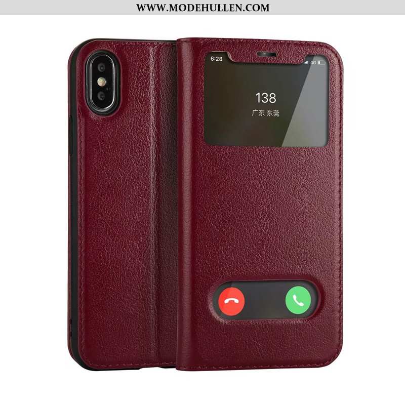 Hülle iPhone Xs Lederhülle Echt Leder Schwarz Fenster Öffnen Case Neu Folio