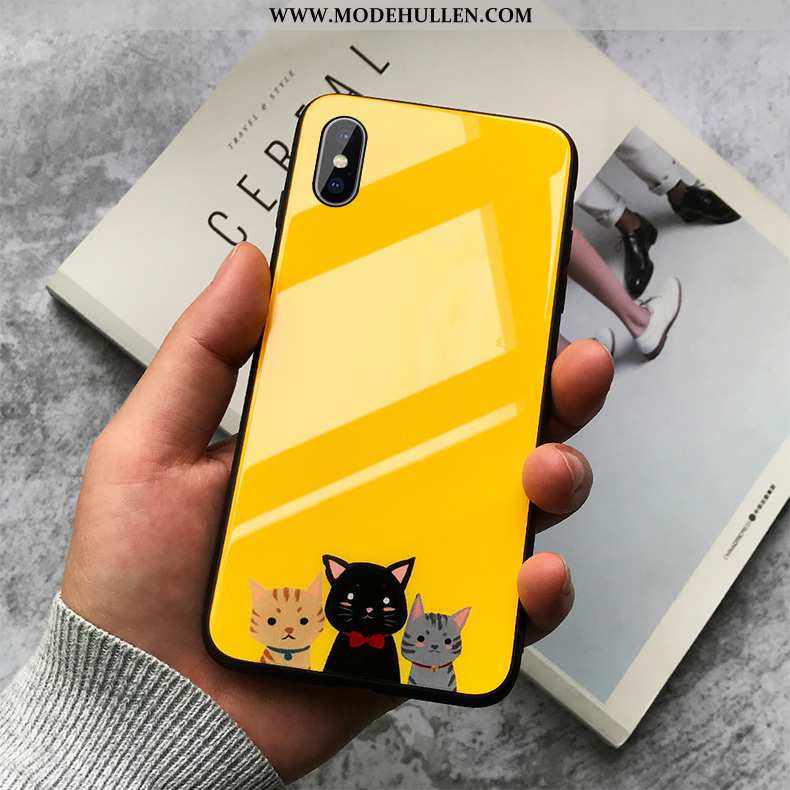 Hülle iPhone Xs Max Silikon Glas Handy Einfach Gelb Katzen Gelbe
