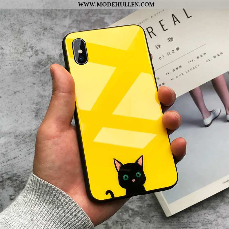 Hülle iPhone Xs Max Silikon Glas Handy Einfach Gelb Katzen Gelbe