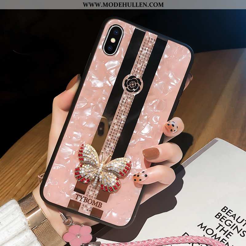 Hülle iPhone Xs Max Strasssteinen Hängende Verzierungen Schmetterling Trend Silikon Glas Rosa