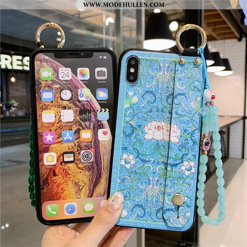 Hülle iPhone Xs Schutz Retro Halterung Case Silikon Armbänder Blau