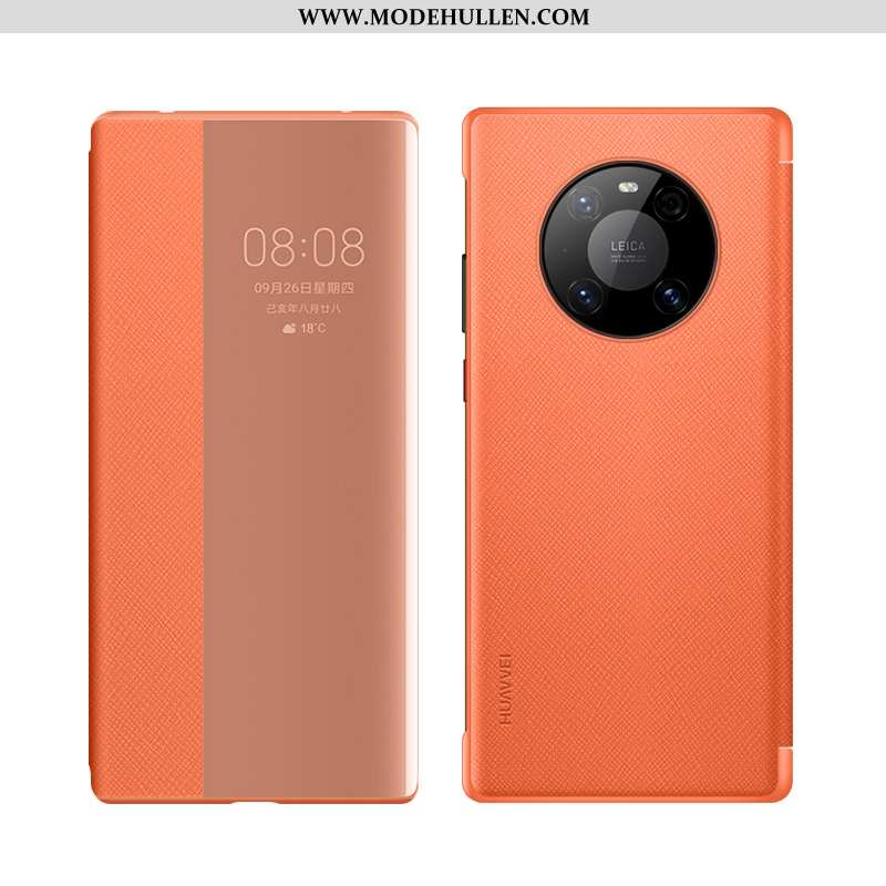 Hülle Huawei Mate 40 Pro Transparent Echt Leder Case Orange Handy Schutz