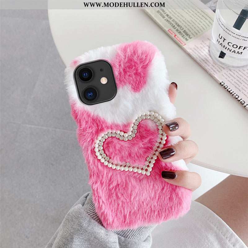 Hülle iPhone 12 Mini Plüsch Samt Perlen Rot Warm Halten Liebe Rosa