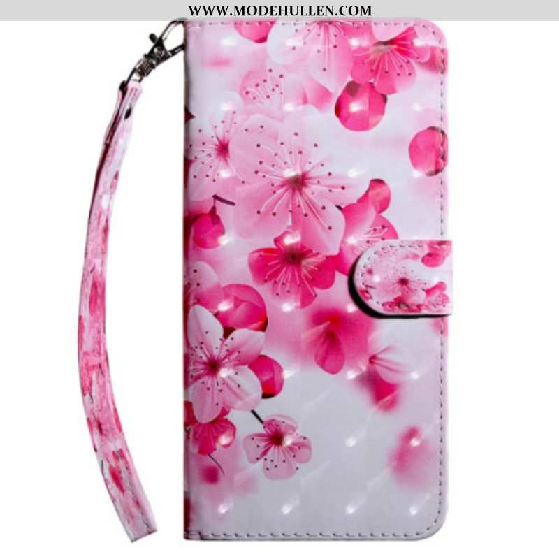 Flip Case Für Samsung Galaxy A14 / A14 5G Mit Kordel Riemchenrosa Blumen