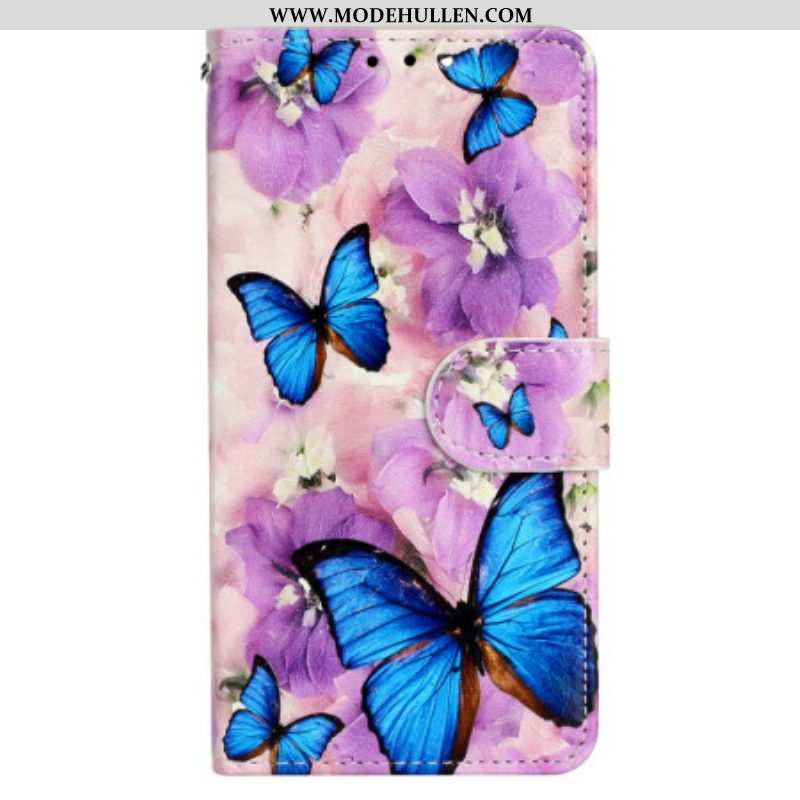 Flip Case Für iPhone 15 Mit Kordel Kleine Blaue Schmetterlinge Mit Riemen