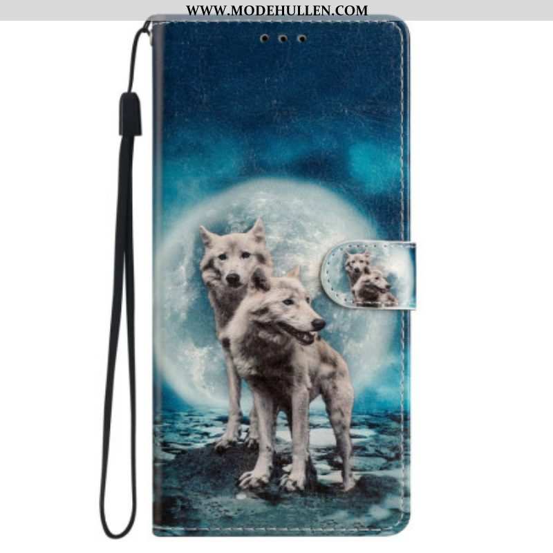 Flip Case Für iPhone 15 Mit Kordel Schlüsselband „wölfe Unter Dem Mond“.