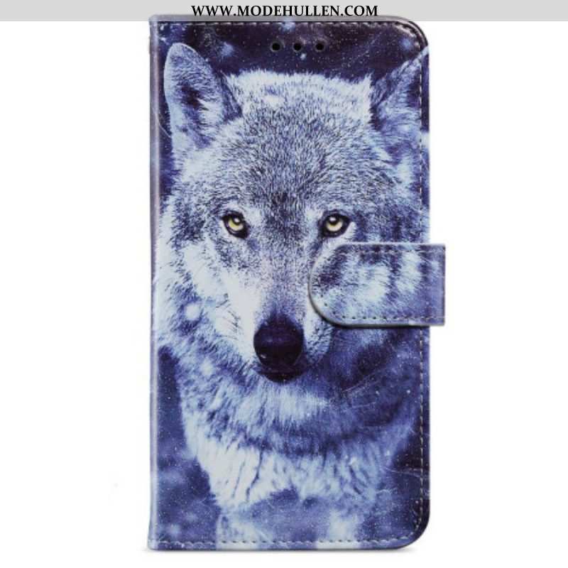 Flip Case Für iPhone 15 Mit Kordel Weißer Wolf Mit Riemen