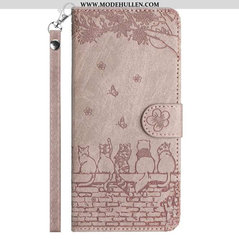 Flip Case Für iPhone 15 Plus Mit Kordel Geblümte Katze Mit Riemen