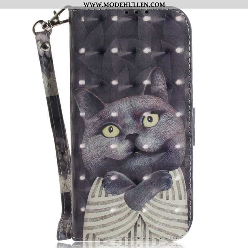 Flip Case Für iPhone 15 Plus Mit Kordel Grafische Katze Mit Schlüsselband