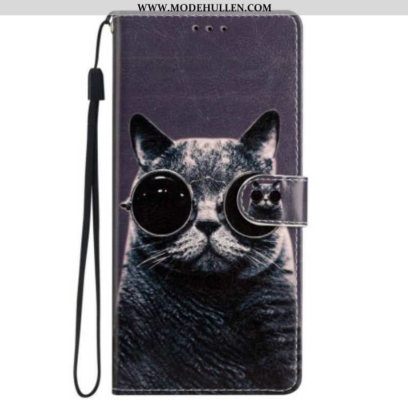 Flip Case Für iPhone 15 Plus Mit Kordel Katze Mit Bügelbrille