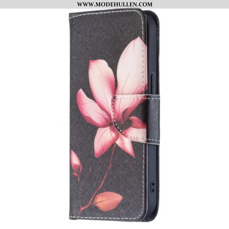 Flip Case Für iPhone 15 Rosa Blume Auf Schwarzem Hintergrund