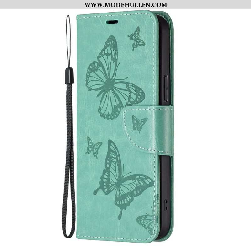 Lederhüllen Für Samsung Galaxy A14 / A14 5G Mit Kordel Riemchen Mit Schmetterlingen-print