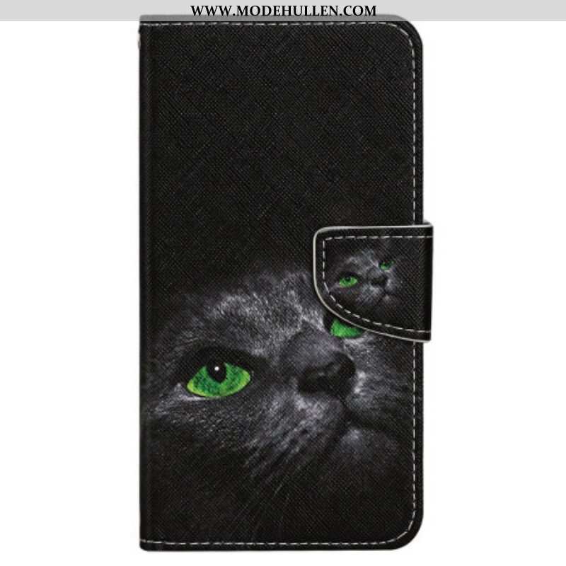 Lederhüllen Für iPhone 15 Mit Kordel Grünäugige Katze Mit Riemen