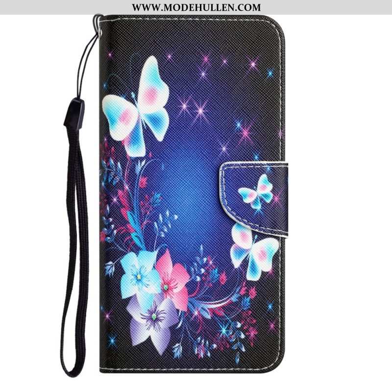 Lederhüllen Für iPhone 15 Mit Kordel Magische Schmetterlinge Mit Riemen