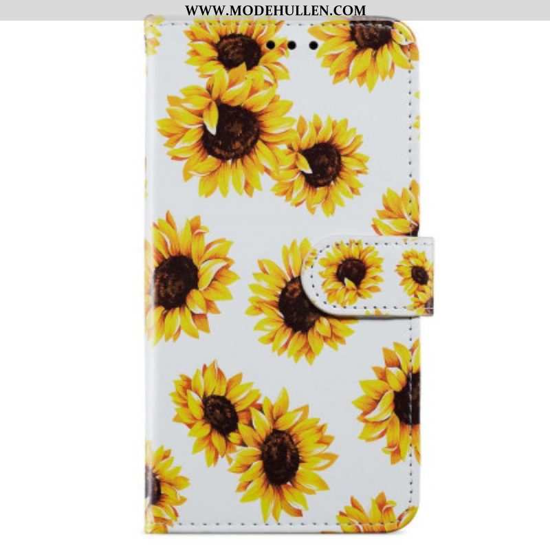 Lederhüllen Für iPhone 15 Mit Kordel Riemen Sonnenblumen