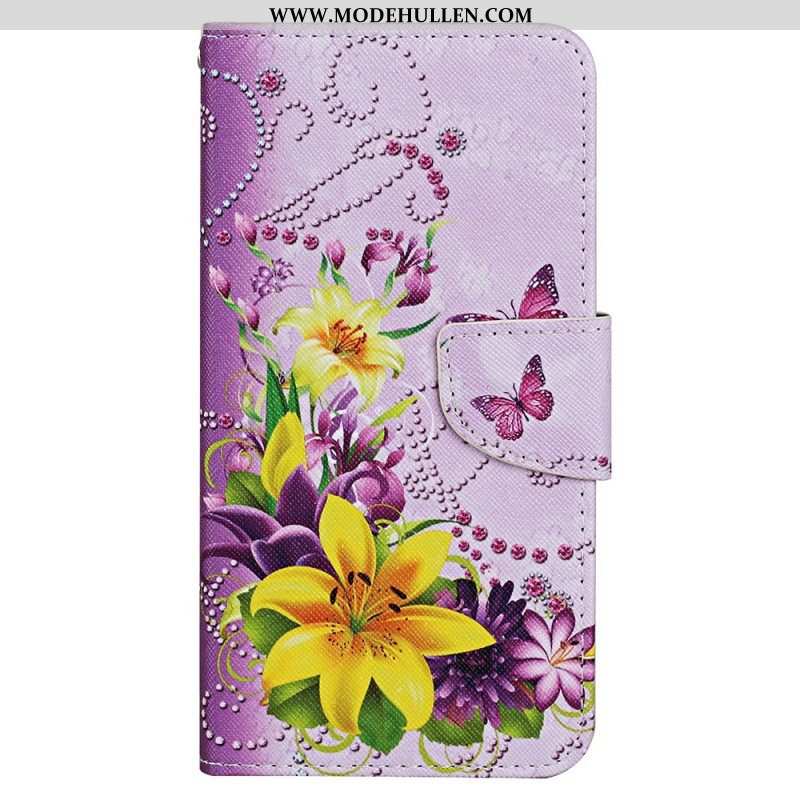 Lederhüllen Für iPhone 15 Mit Kordel Schmetterlinge Und Blumen Mit Riemen