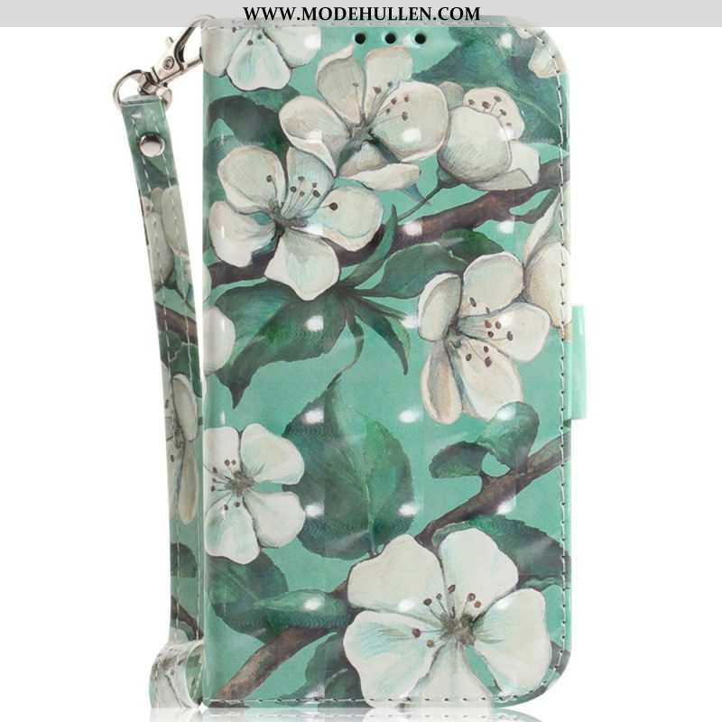 Lederhüllen Für iPhone 15 Plus Mit Kordel Weiße Blumen Mit Riemen