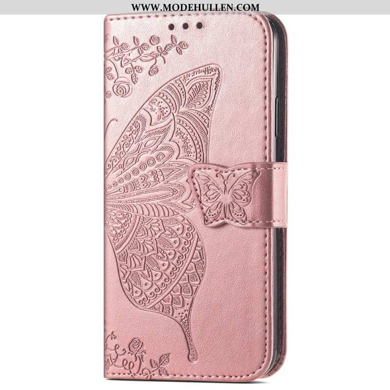 Lederhüllen Für iPhone 15 Pro Max Mit Kordel Barocker Schmetterling Mit Riemen