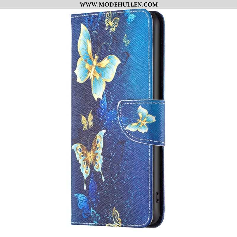 Lederhüllen Für iPhone 15 Pro Schmetterlinge Auf Blauem Hintergrund