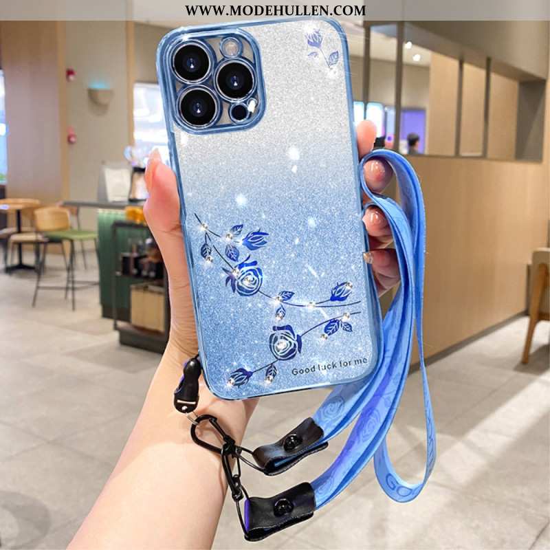 Hülle Für iPhone 16 Pro Max Blumen Und Strasssteine Mit Kadem-riemen